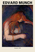 Oil painting by Edvard Munch titled 'Vampire' showing a woman with fiery red hair embracing a pale figure against a dark backdrop.