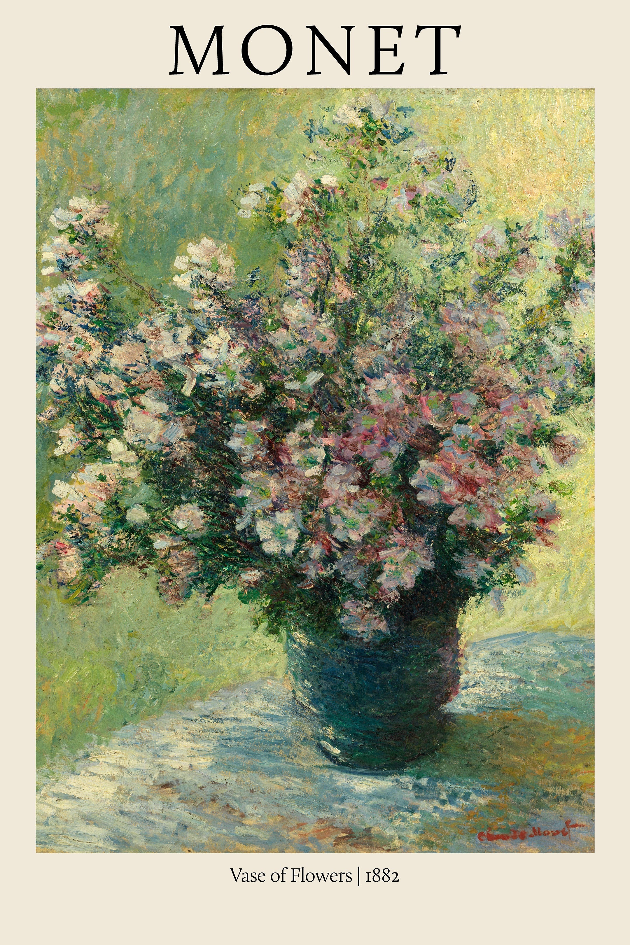 Claude Monet’s 1882 Impressionist oil painting, "Vase of Flowers," featuring thick brushstrokes of pink, white, and green blossoms.
