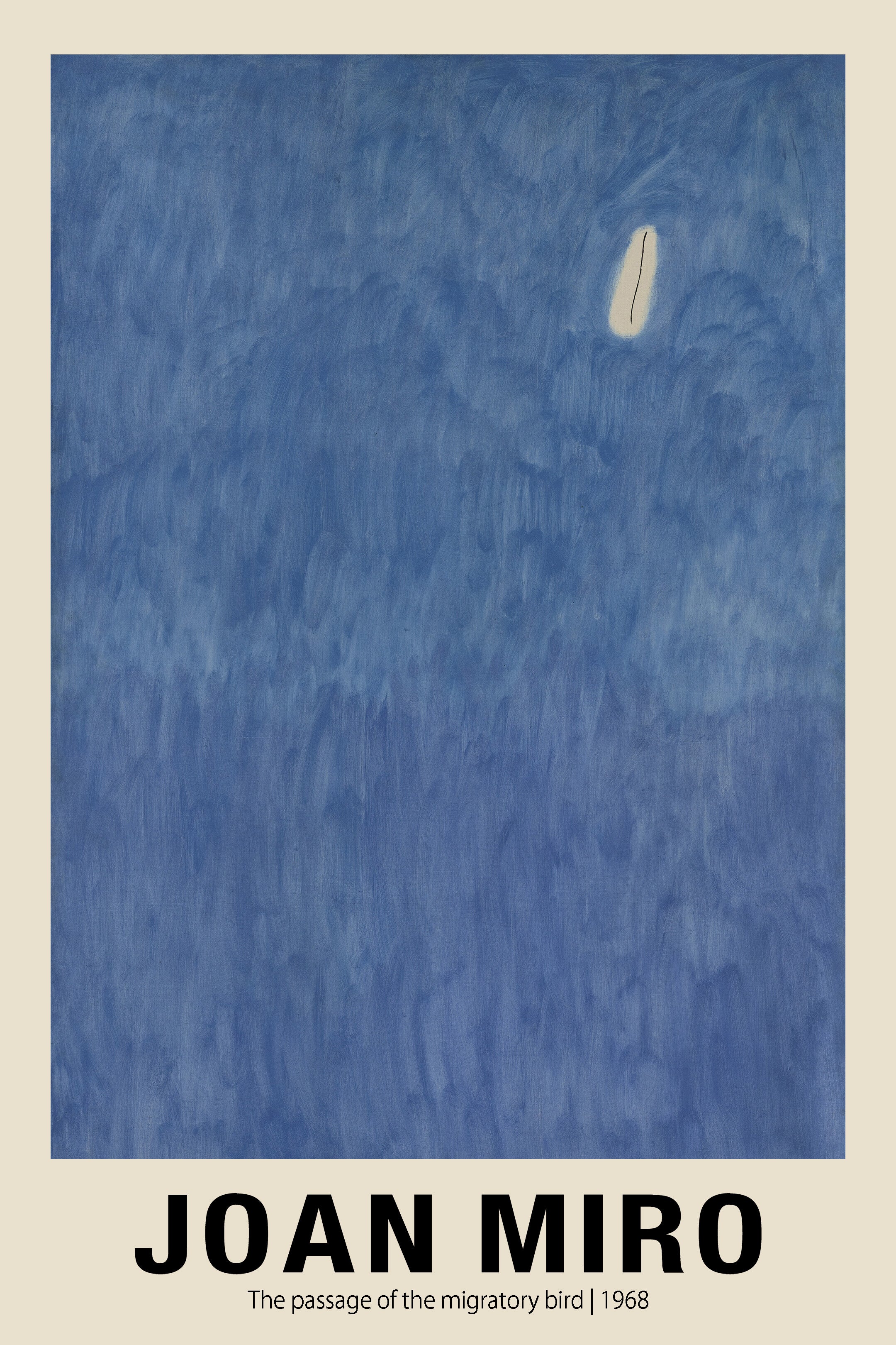 Joan Miró abstract painting reproduction, "The Passage of the Migratory Bird," featuring deep blue texture and a single white mark on a beige border.