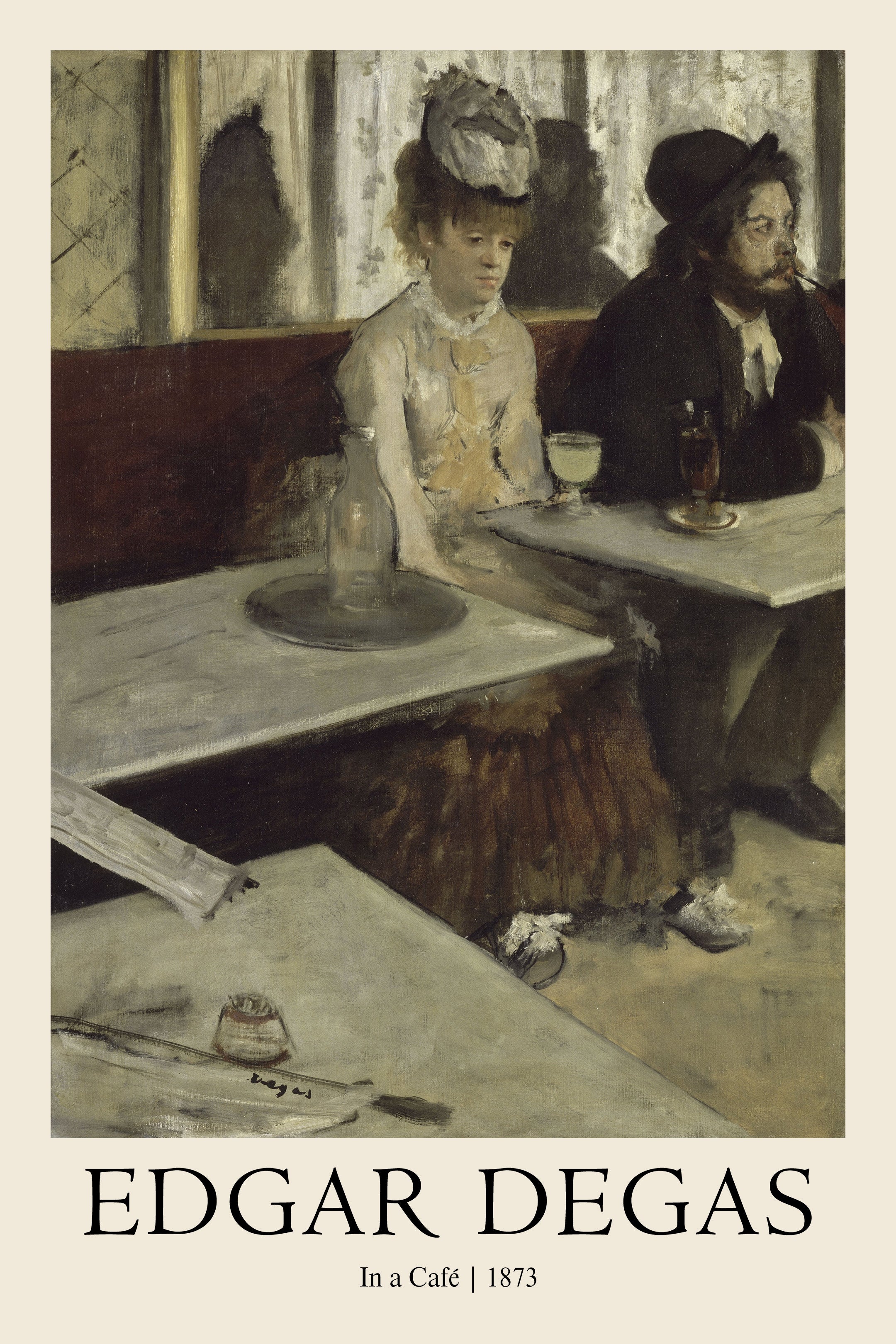 Edgar Degas' 1873 oil painting, "In a Café" (L'Absinthe), depicting a detached man and woman sitting at Parisian cafe tables.