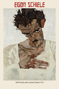 Highly textural painting by Egon Schiele, Self-Portrait with Lowered Head (1912), depicting a distorted male figure with dark hair and expressive hands against a thick white background.