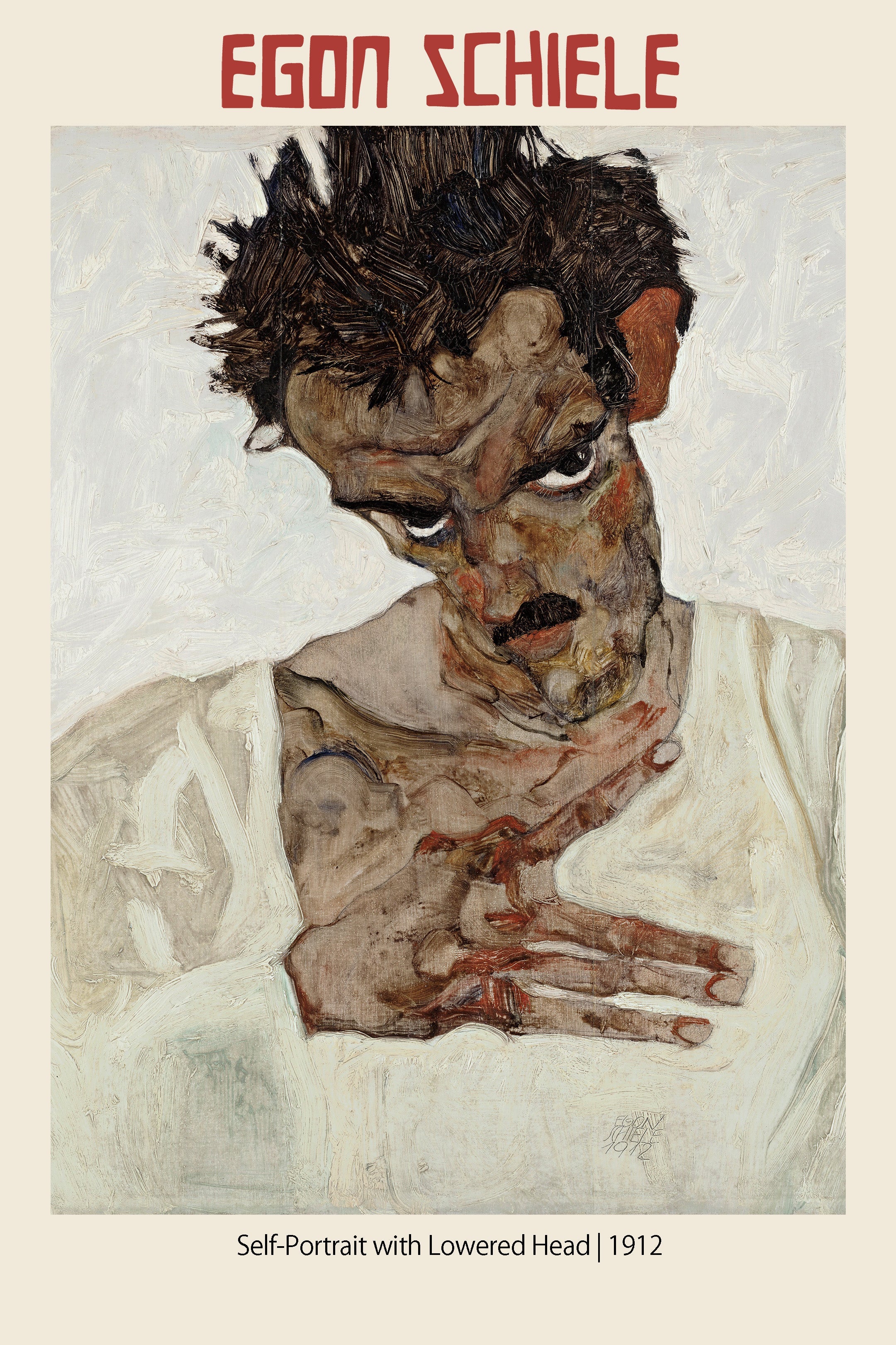 Highly textural painting by Egon Schiele, Self-Portrait with Lowered Head (1912), depicting a distorted male figure with dark hair and expressive hands against a thick white background.