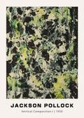 Abstract painting by Jackson Pollock, "Vertical Composition I," 1950. Features thick, layered splatters of black, cream, lime green, and teal paint on canvas.