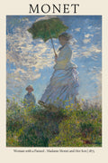 Claude Monet oil painting reproduction showing Camille Monet and her son on a breezy, grassy hillside, against a bright blue sky.