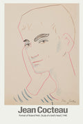 Jean Cocteau drawing from 1946, a minimalist color sketch portrait of ballet dancer Roland Petit, using red, brown, and blue crayon lines.