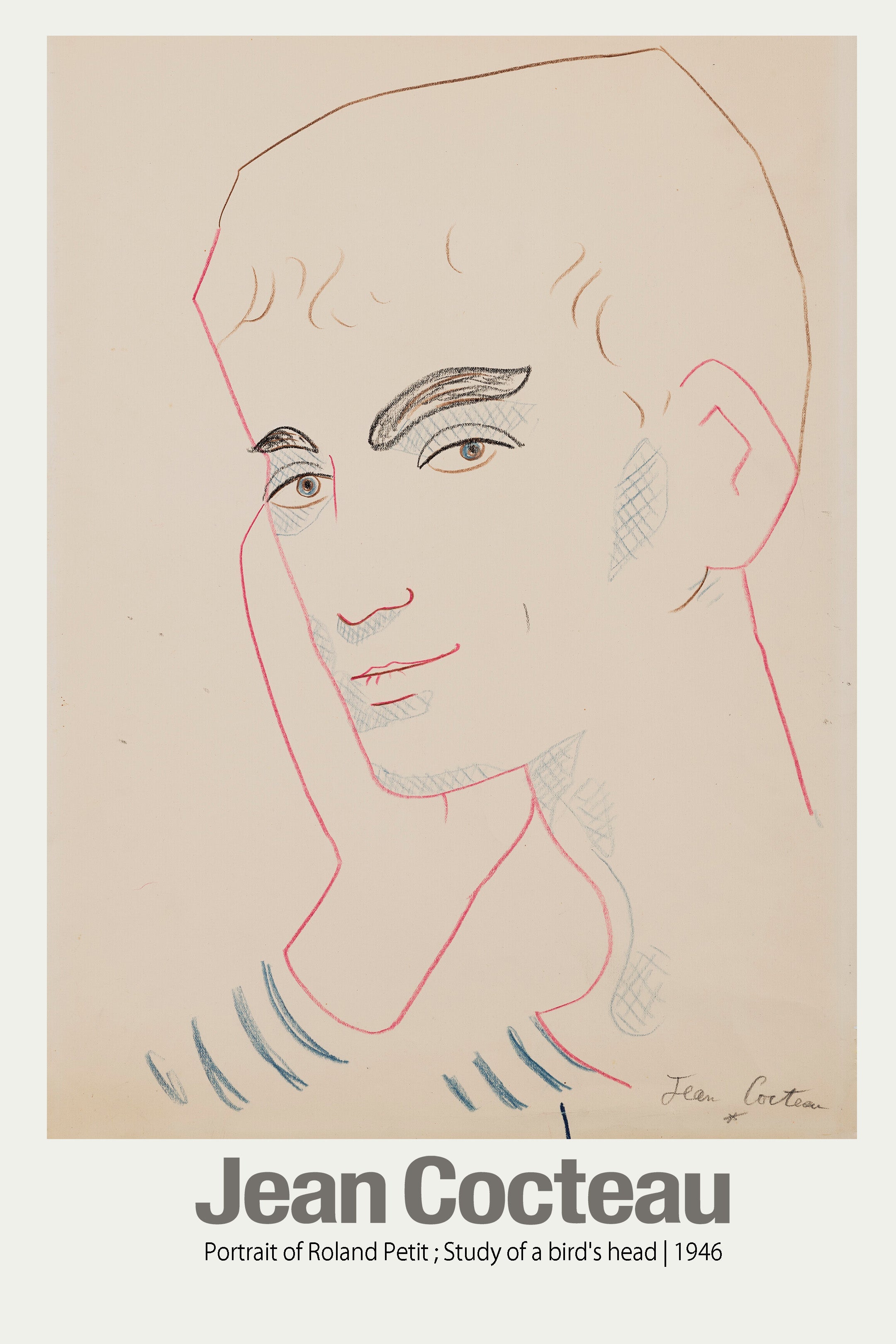 Jean Cocteau drawing from 1946, a minimalist color sketch portrait of ballet dancer Roland Petit, using red, brown, and blue crayon lines.