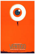 Minimalist orange movie poster for Alfred Hitchcock's Vertigo with a silhouetted man hanging from a large white eye with a spiral pupil