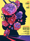Abstract movie poster for Alfred Hitchcock's Vertigo with floral silhouette and man seated on chair