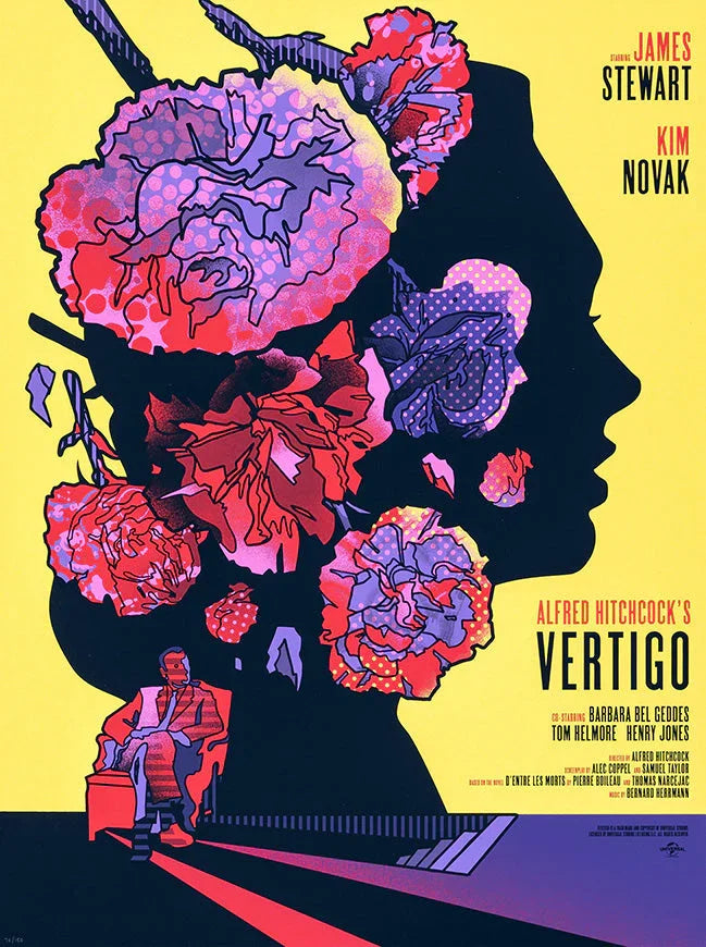 Abstract movie poster for Alfred Hitchcock's Vertigo with floral silhouette and man seated on chair