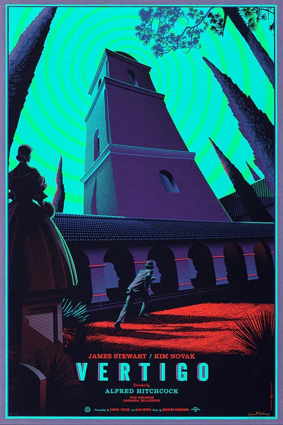Vertigo movie poster with a man running in a courtyard towards a tall tower under a hypnotic blue spiral sky