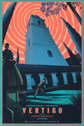Stylized poster of Vertigo movie with a man running near a tall blue tower under swirling orange sky
