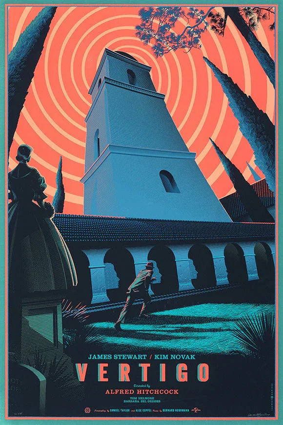 Stylized poster of Vertigo movie with a man running near a tall blue tower under swirling orange sky