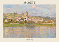Claude Monet oil painting "Vétheuil" (1879) showing a colorful French village on a hillside above a shimmering blue and yellow river.