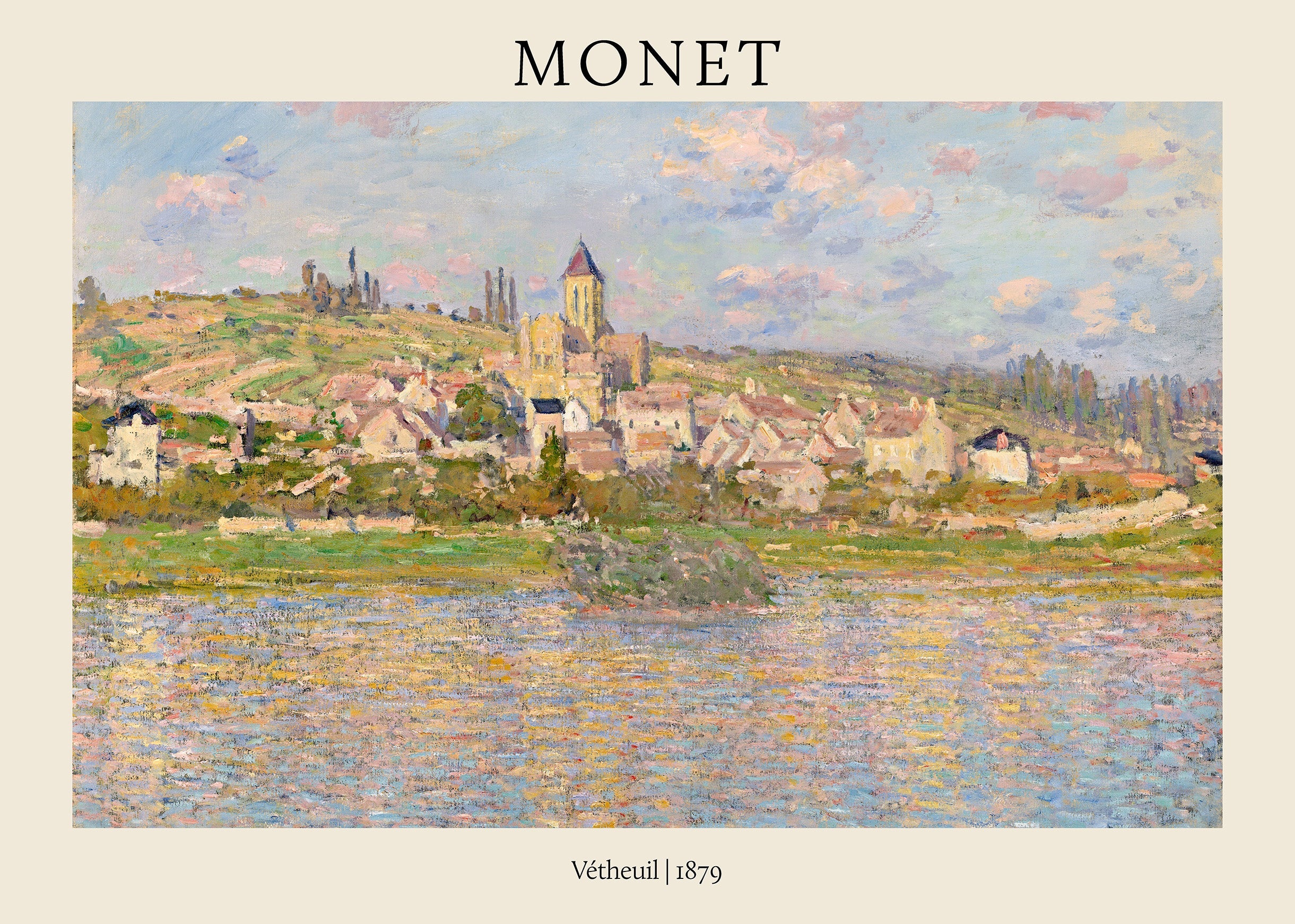 Claude Monet oil painting "Vétheuil" (1879) showing a colorful French village on a hillside above a shimmering blue and yellow river.