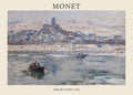 Classic Claude Monet oil painting, "Vétheuil in Winter," showing an Impressionist frozen river scene with figures in rowboats below a snow-covered village church.