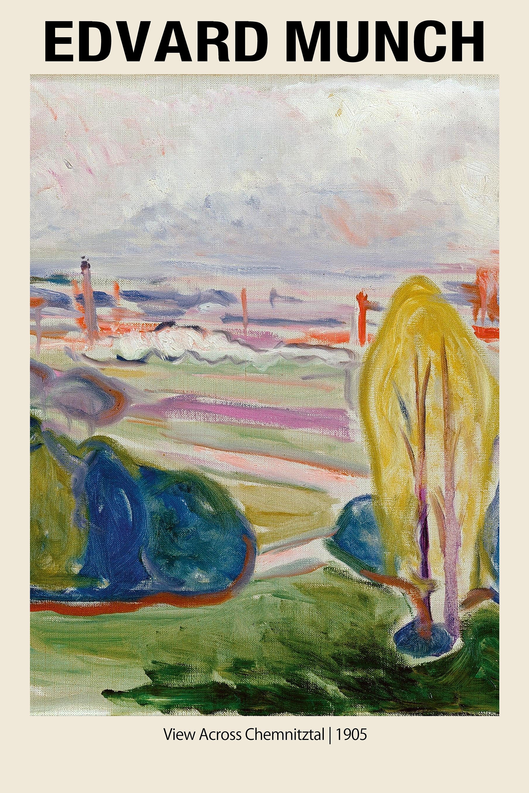 Edvard Munch Expressionist landscape painting from 1905 showing a colorful valley with blue fields and a bright yellow tree.