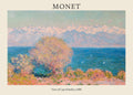 Impressionist oil painting by Claude Monet titled "View of Cap d'Antibes" showing a blooming pink tree, blue Mediterranean sea, and distant snowy Alps.