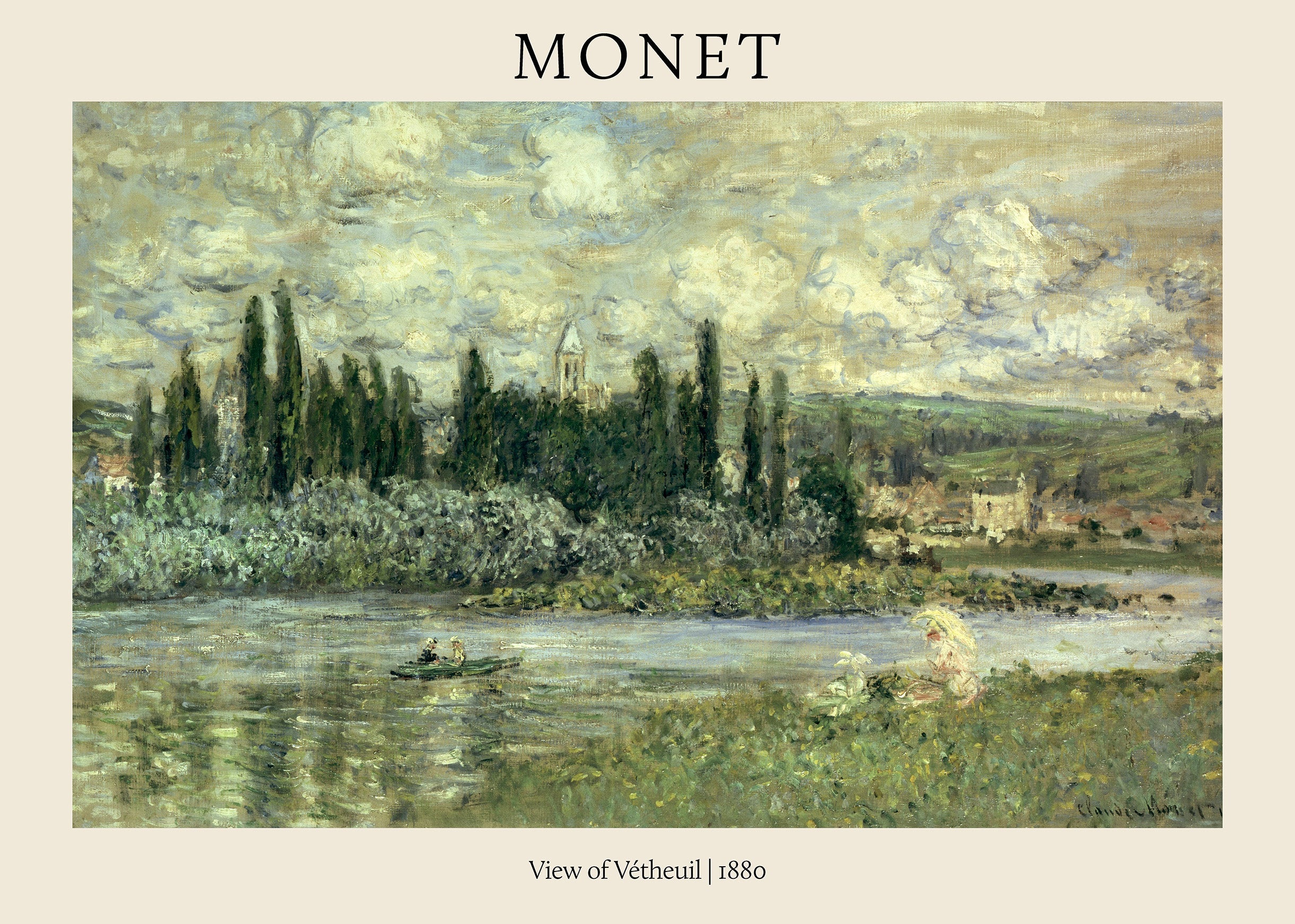 Claude Monet's Impressionist landscape, View of Vétheuil, featuring a river, dense cypress trees, a village steeple, and figures in a boat.