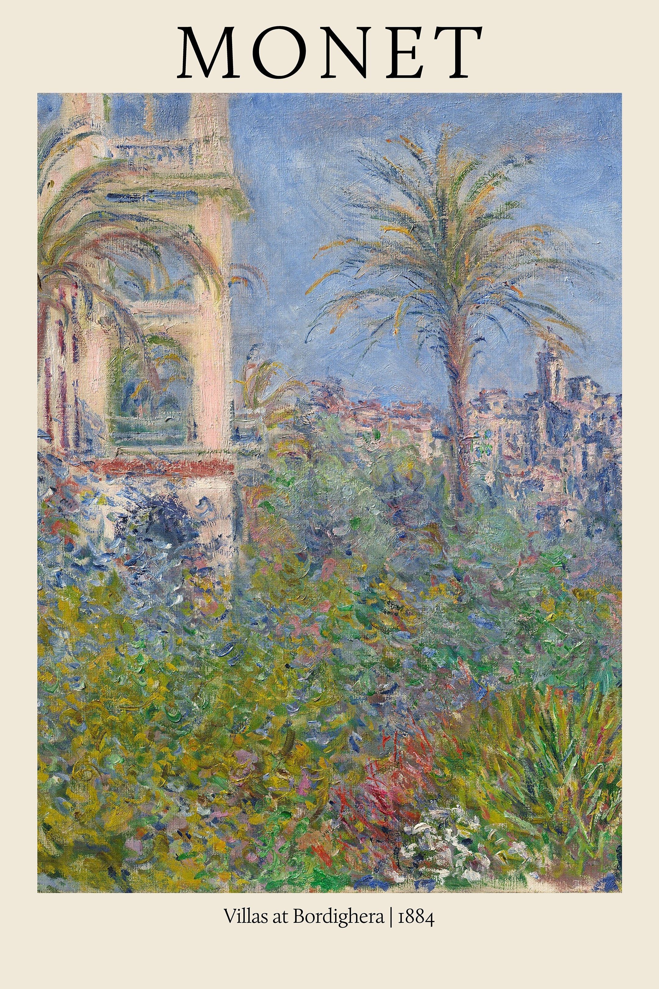 Impressionist painting by Claude Monet titled Villas at Bordighera, showing pink villas, lush green gardens, and a palm tree under a bright blue sky.