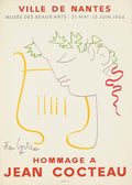 Abstract vintage lithograph poster by Jean Cocteau for the 1964 Nantes museum exhibition, featuring a stylized profile, lyre, and red, yellow, and green line drawings.