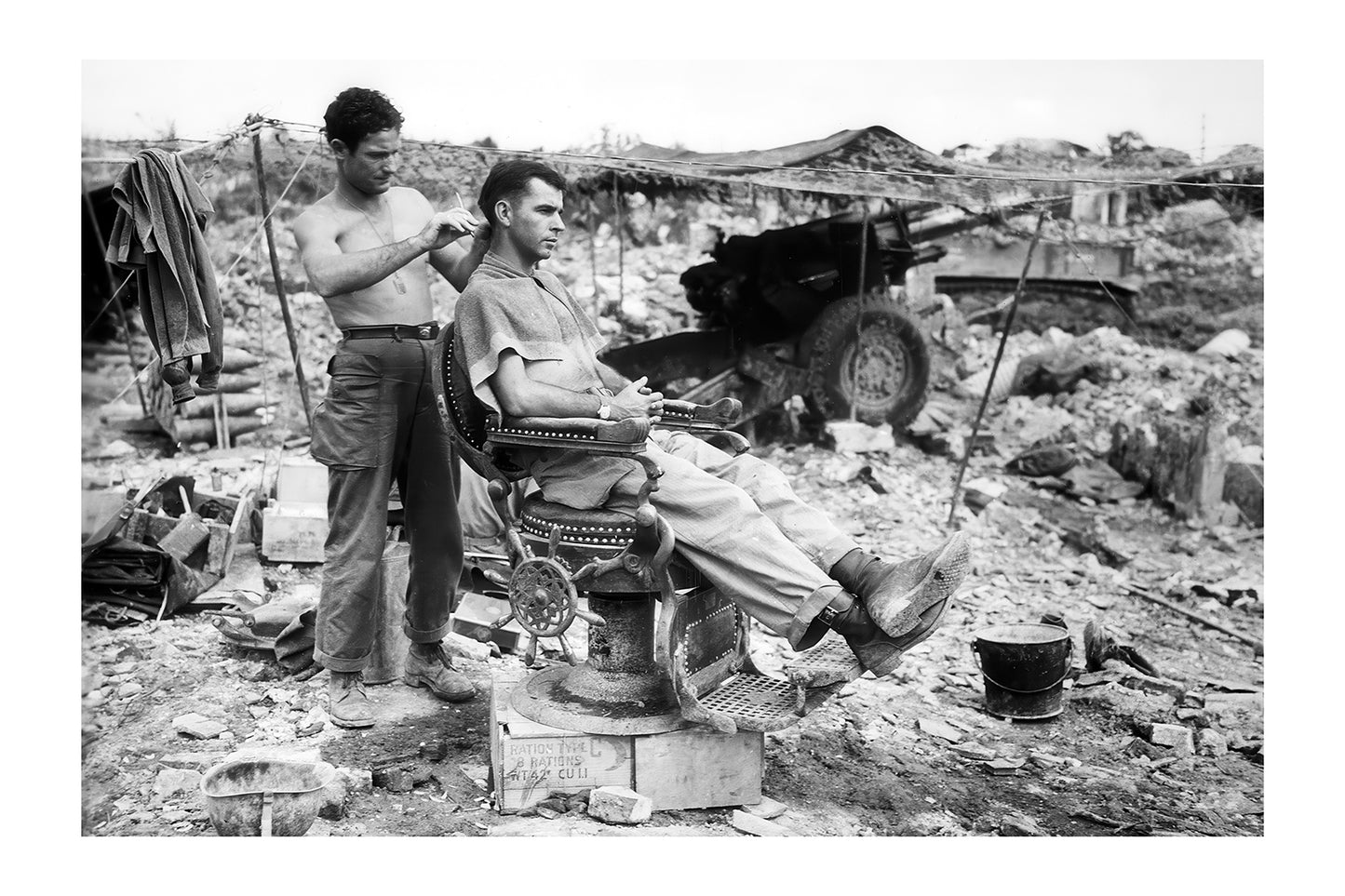 Historic WWII Soldier Getting a Haircut Vintage Photo Print Poster | M