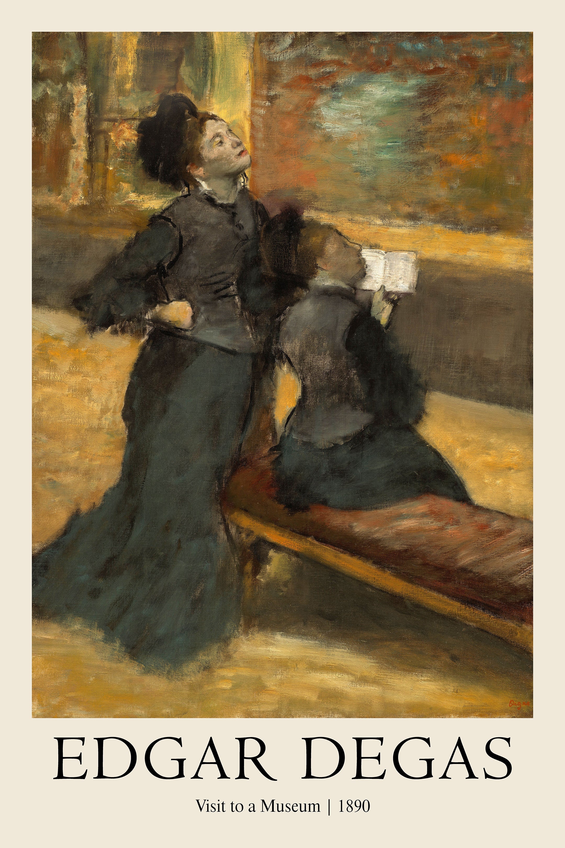 Edgar Degas oil painting, 'Visit to a Museum,' depicting two 19th-century women viewing art, characterized by warm, textured brushstrokes.