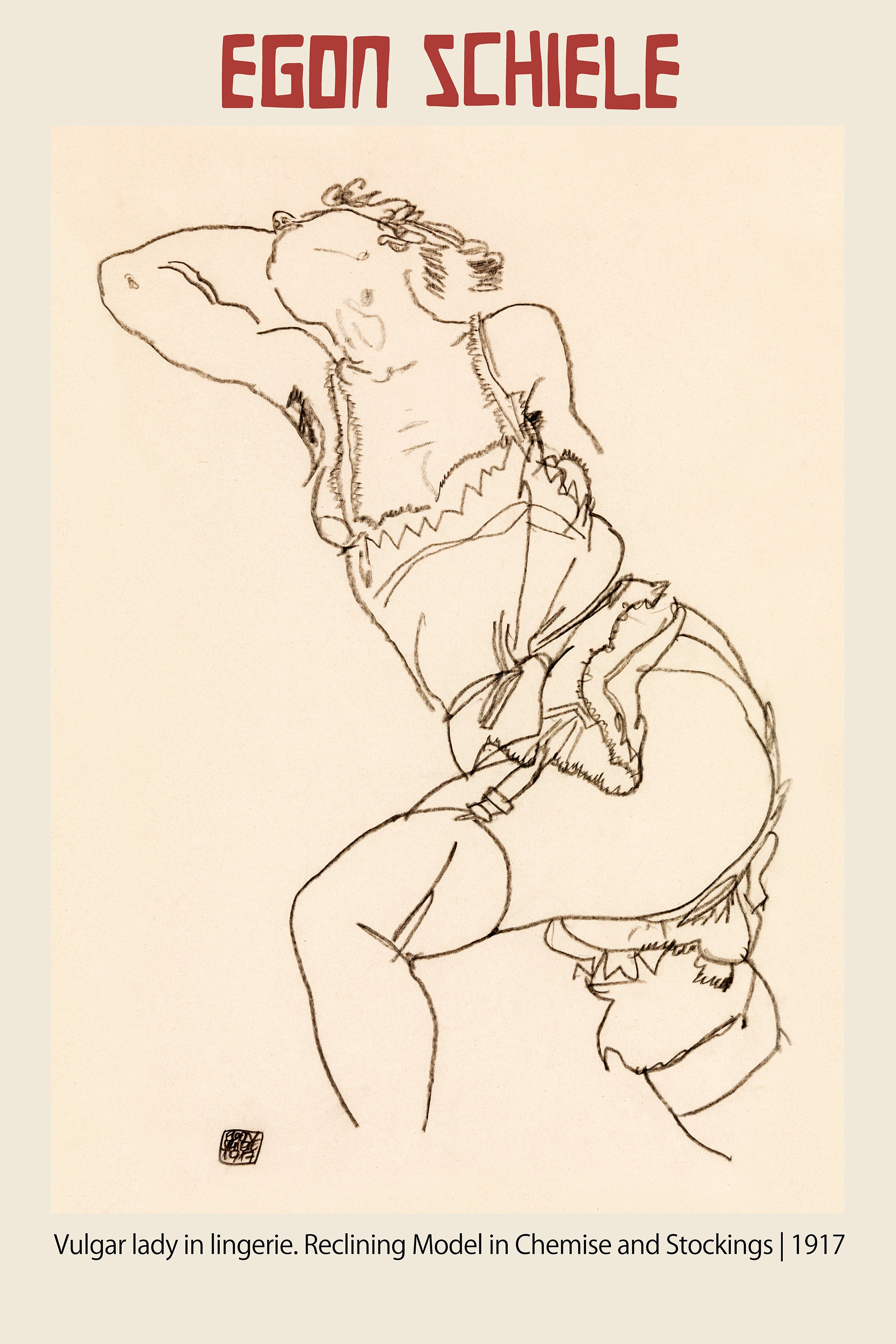 Charcoal line drawing by Egon Schiele (1917) showing a reclining female figure in a chemise and stockings against a beige background. The sketch has raw, distorted expressionist style.