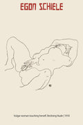 Controversial charcoal drawing by Egon Schiele, 1918, showing a reclining female nude figure in an expressive line art style on a cream background.