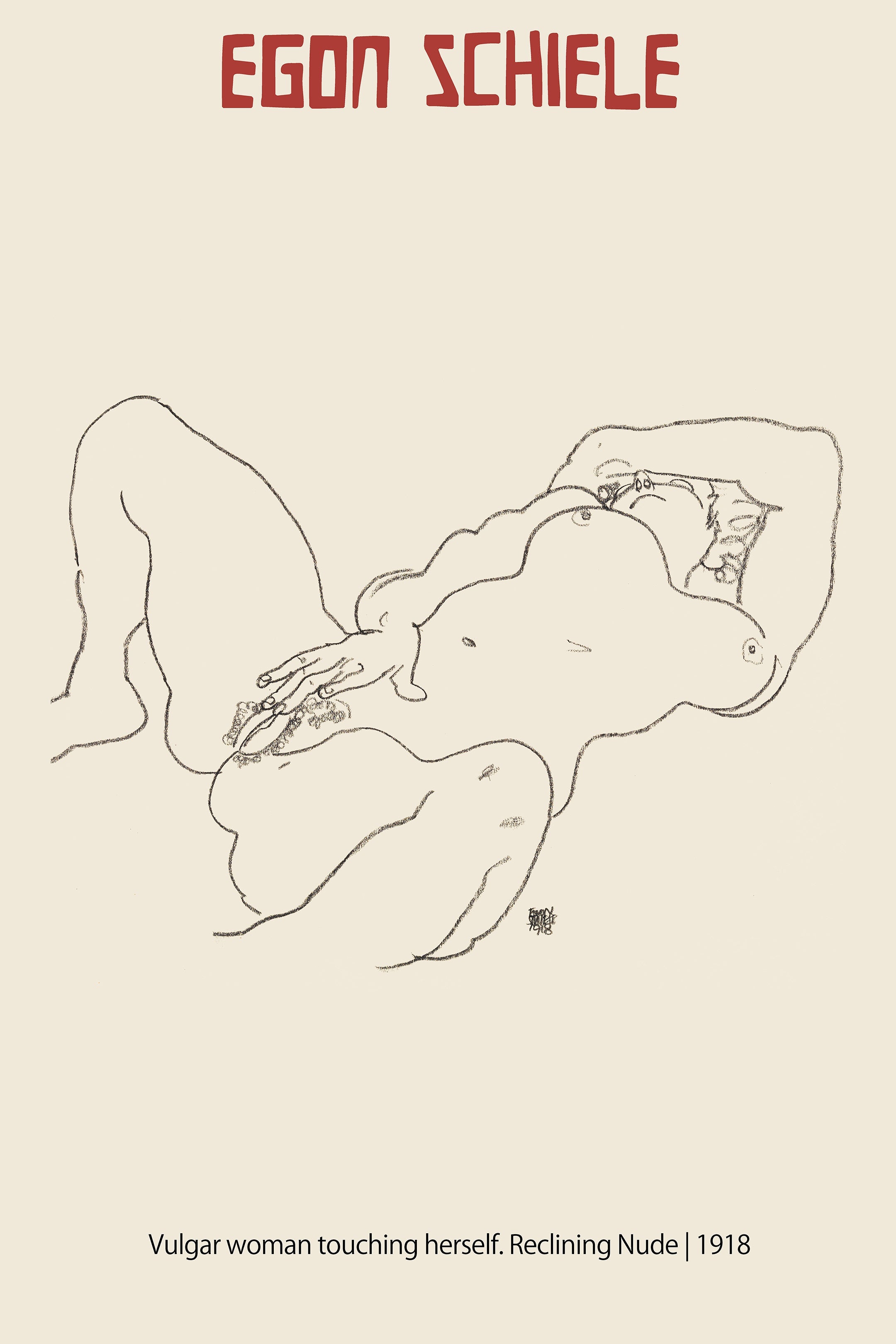 Controversial charcoal drawing by Egon Schiele, 1918, showing a reclining female nude figure in an expressive line art style on a cream background.