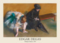Edgar Degas pastel drawing, L'Attente (Waiting), showing a dancer adjusting her shoe next to a seated chaperone. Features warm yellow and teal accents in the impressionist style.