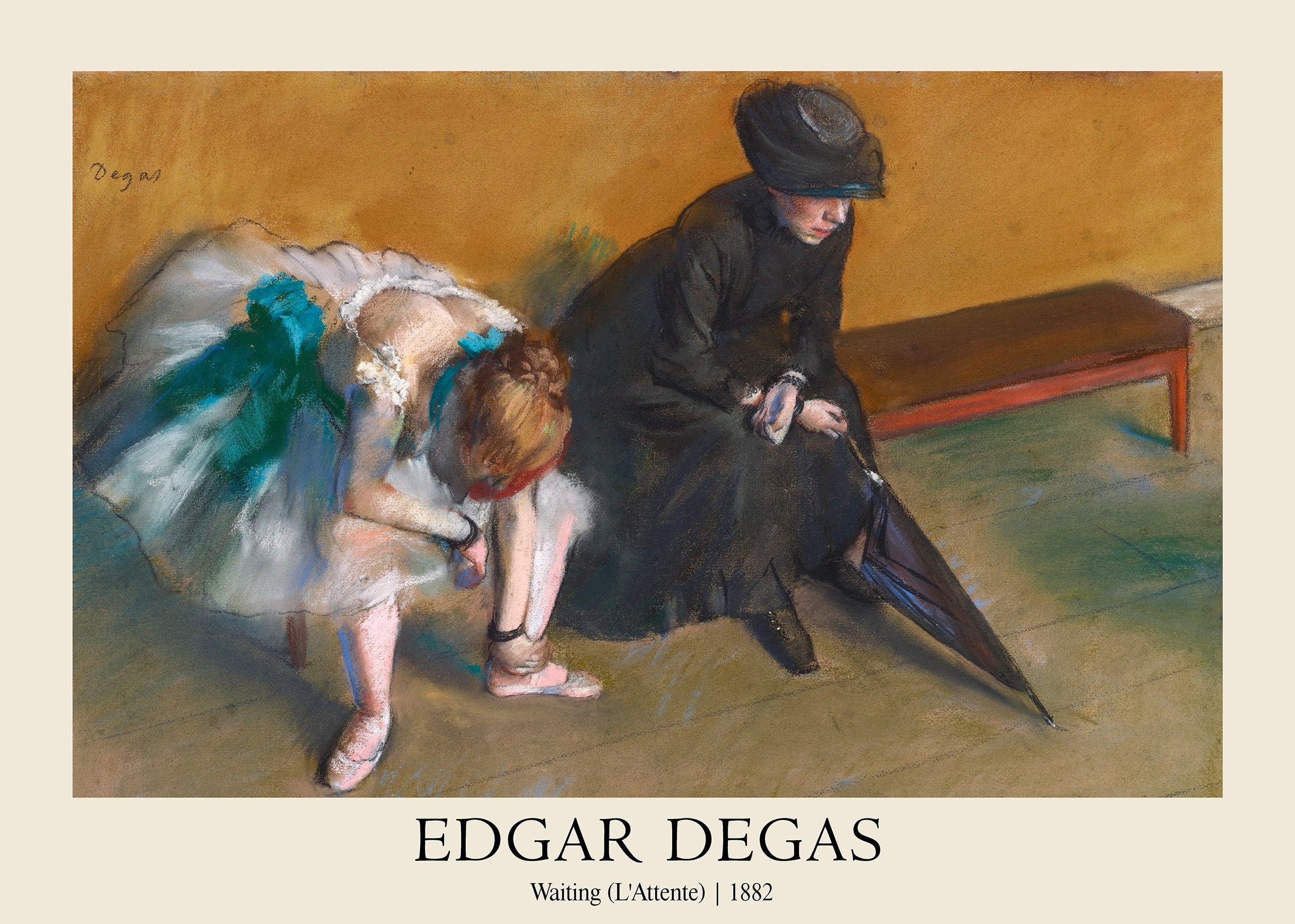 Edgar Degas pastel drawing, L'Attente (Waiting), showing a dancer adjusting her shoe next to a seated chaperone. Features warm yellow and teal accents in the impressionist style.