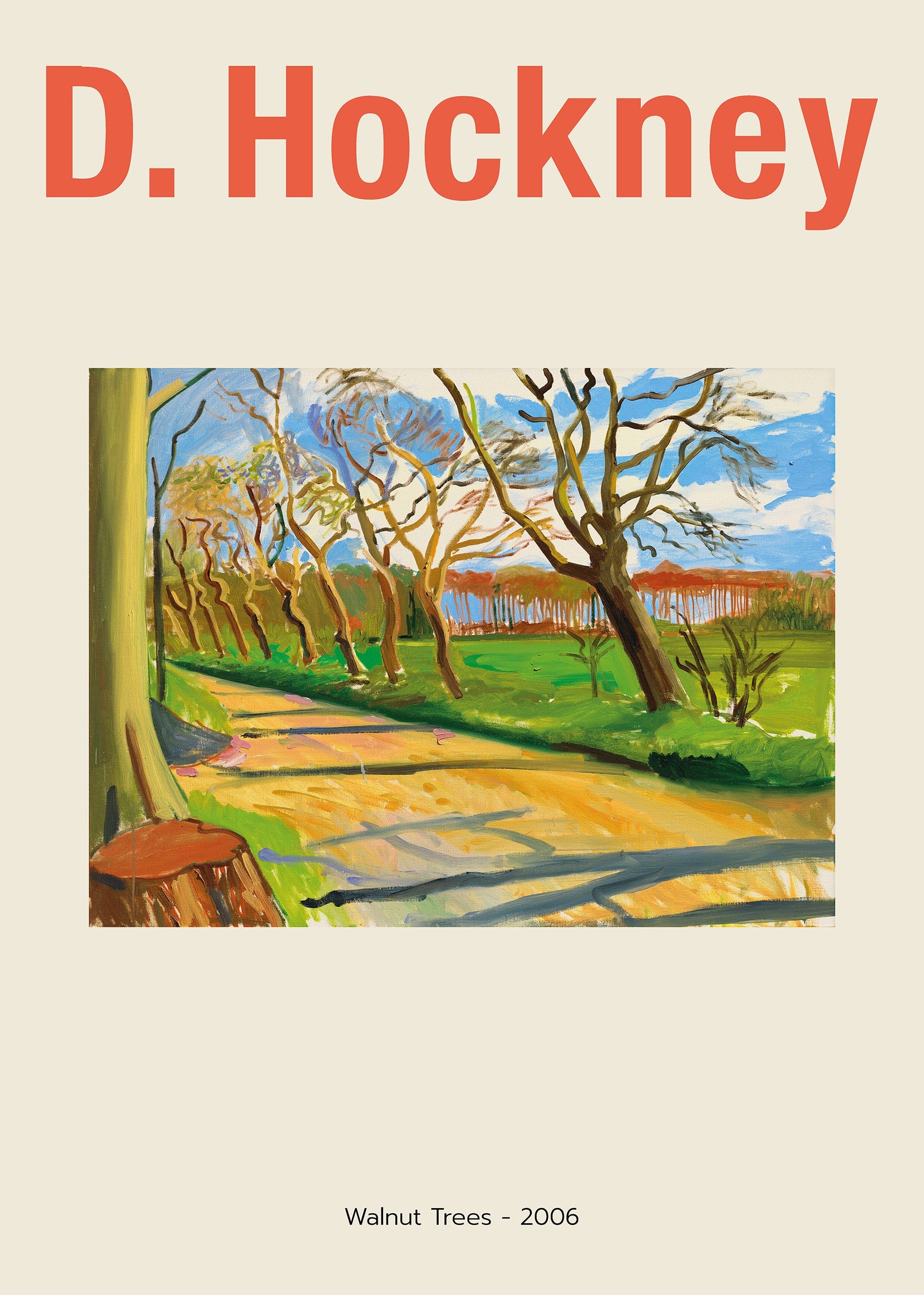 David Hockney's "Walnut Trees" (2006) painting features a sunny, vibrant pathway through a landscape of brown-trunked trees and bright green grass.