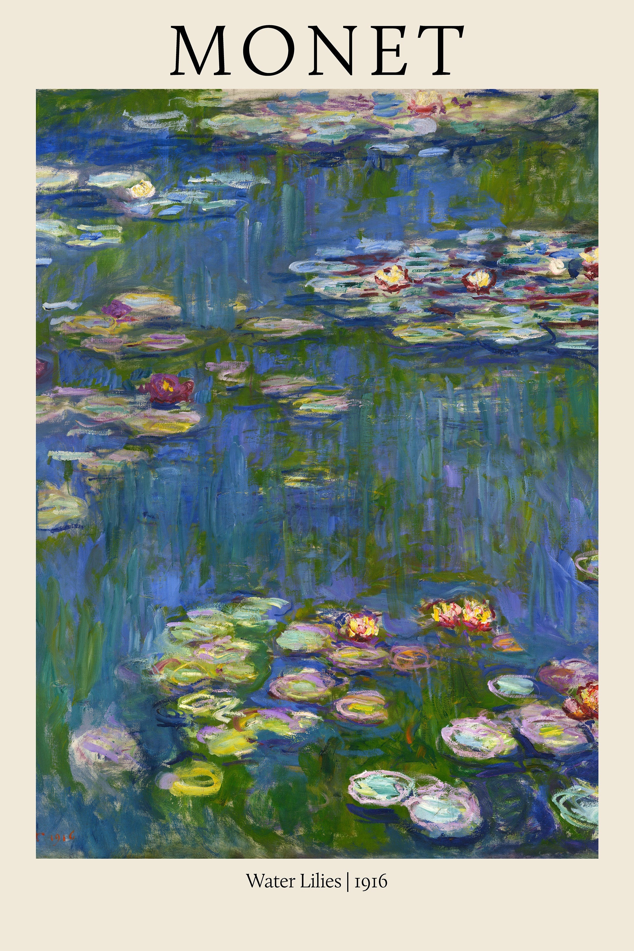 Reproduction poster of Claude Monet's 1916 "Water Lilies" oil painting, featuring vibrant blue and green tones with floating pink and yellow blossoms.