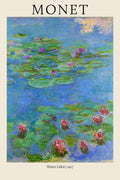 Claude Monet Water Lilies painting from 1917 featuring pink and purple flowers floating on blue-green water.