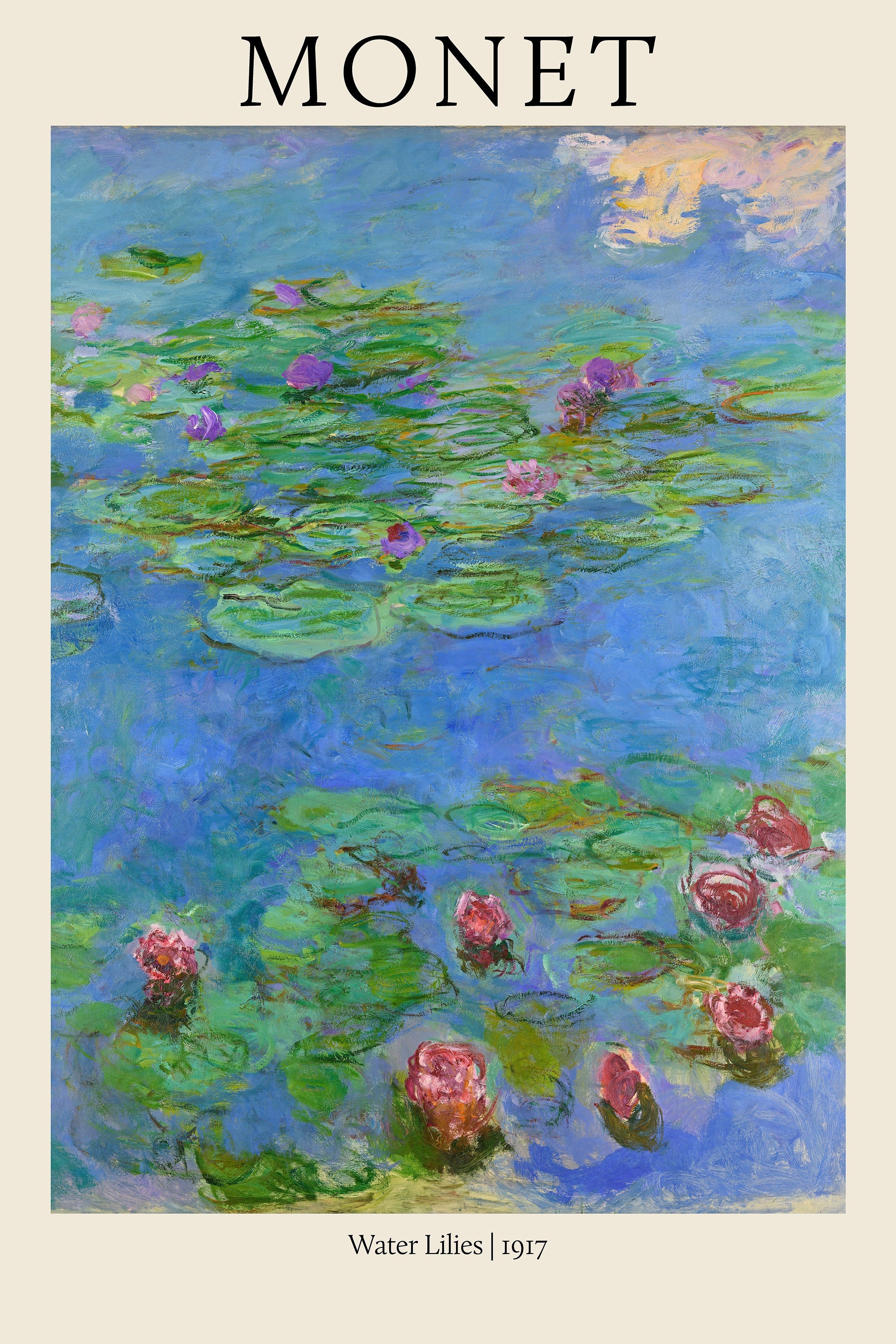 Claude Monet Water Lilies painting from 1917 featuring pink and purple flowers floating on blue-green water.