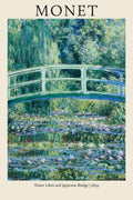 Reproduction of Claude Monet's 1899 painting depicting a light green wooden Japanese bridge over a pond covered in blue and pink water lilies.