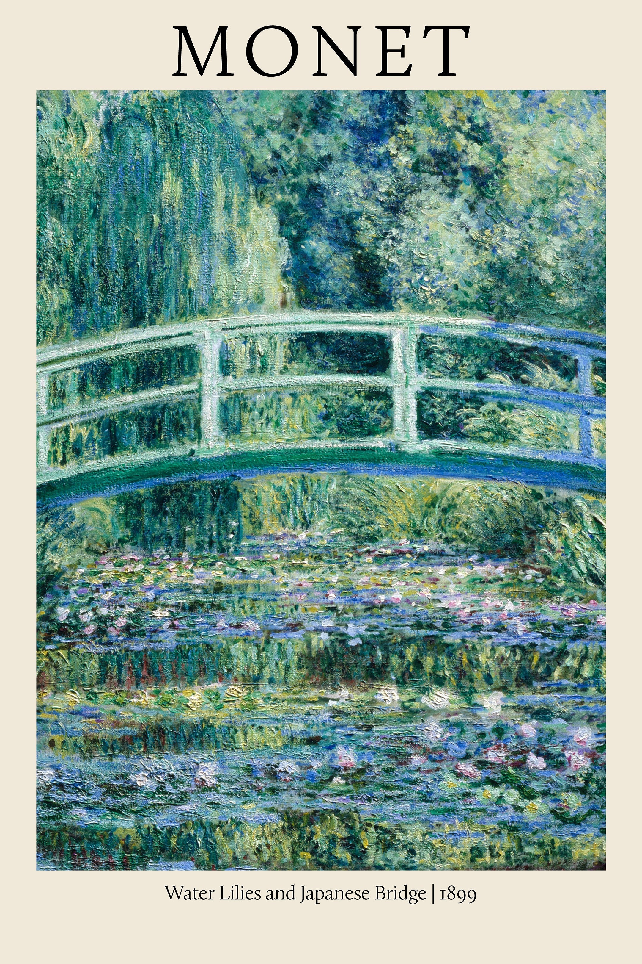 Reproduction of Claude Monet's 1899 painting depicting a light green wooden Japanese bridge over a pond covered in blue and pink water lilies.