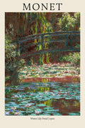 A vibrant reproduction of Claude Monet's Water Lily Pond (1900) painting, showing the dense foliage and dark Japanese footbridge over the light-reflecting water.