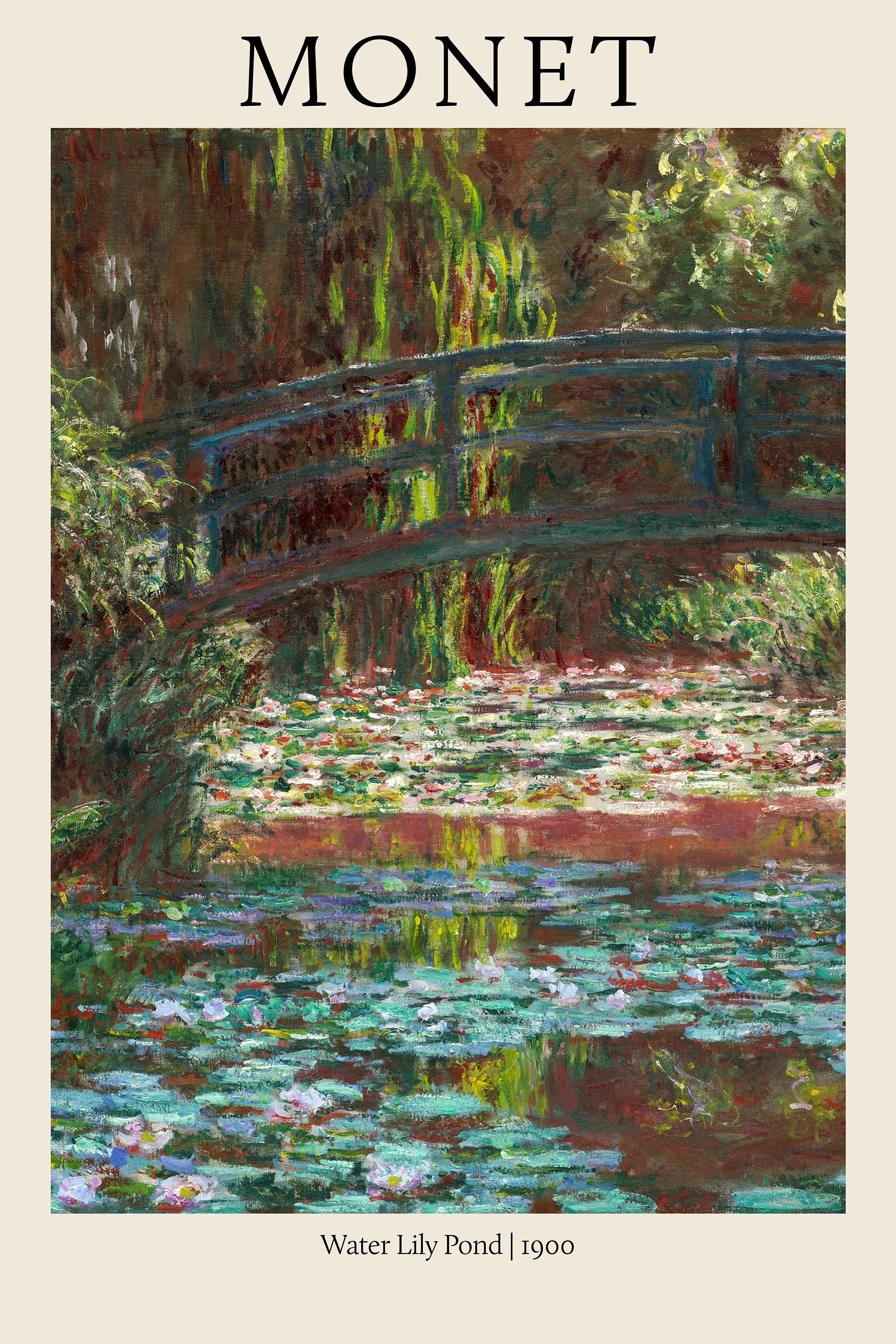 A vibrant reproduction of Claude Monet's Water Lily Pond (1900) painting, showing the dense foliage and dark Japanese footbridge over the light-reflecting water.