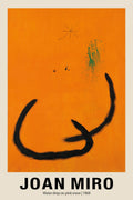 Joan Miró 1968 abstract print featuring sweeping black arcs, green splatter, and small details set against a textured, vibrant orange canvas.