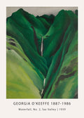 Oil painting reproduction by Georgia O'Keeffe depicting deep green, curving mountain slopes of the Īao Valley and a bright vertical waterfall stream.