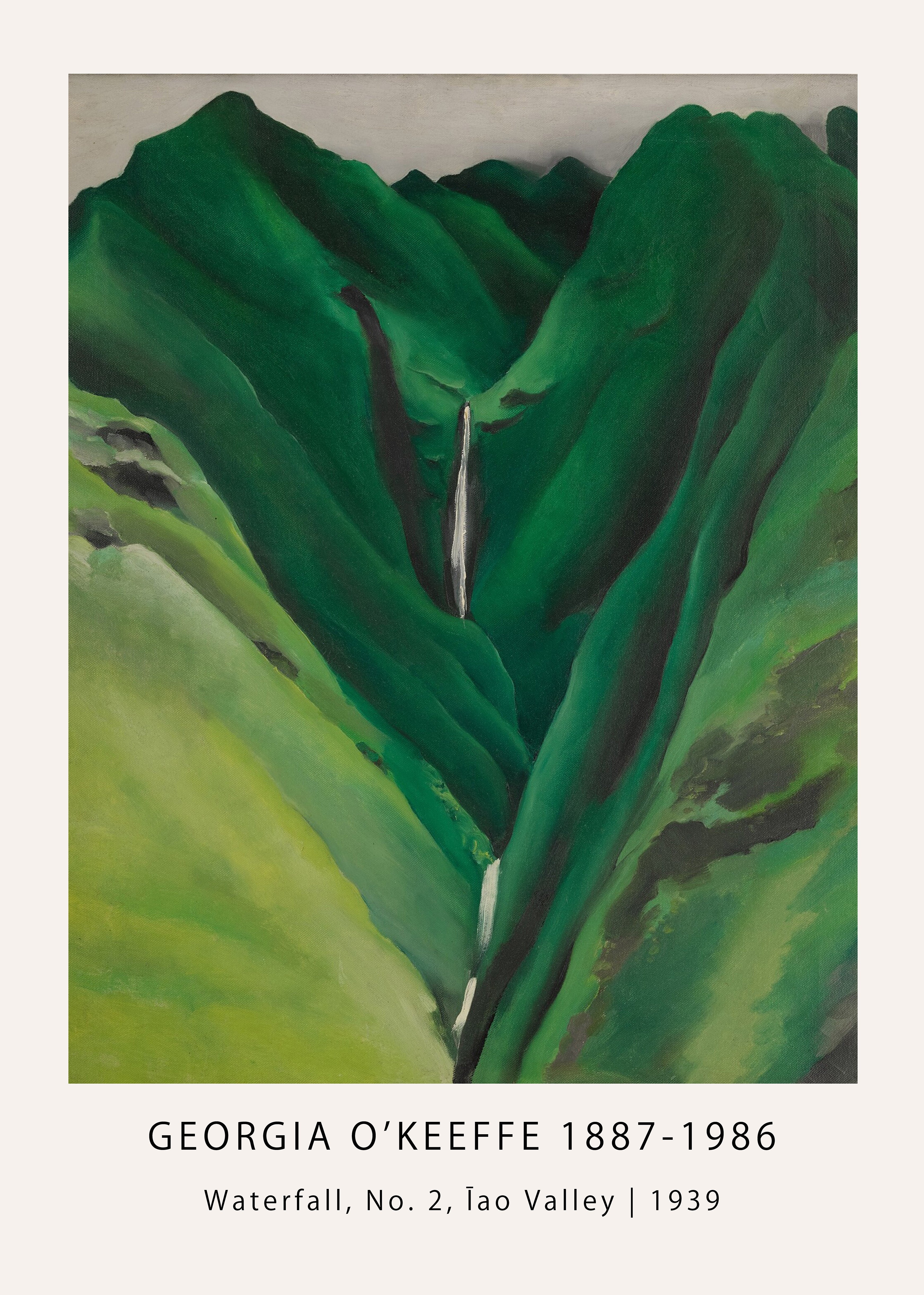 Oil painting reproduction by Georgia O'Keeffe depicting deep green, curving mountain slopes of the Īao Valley and a bright vertical waterfall stream.