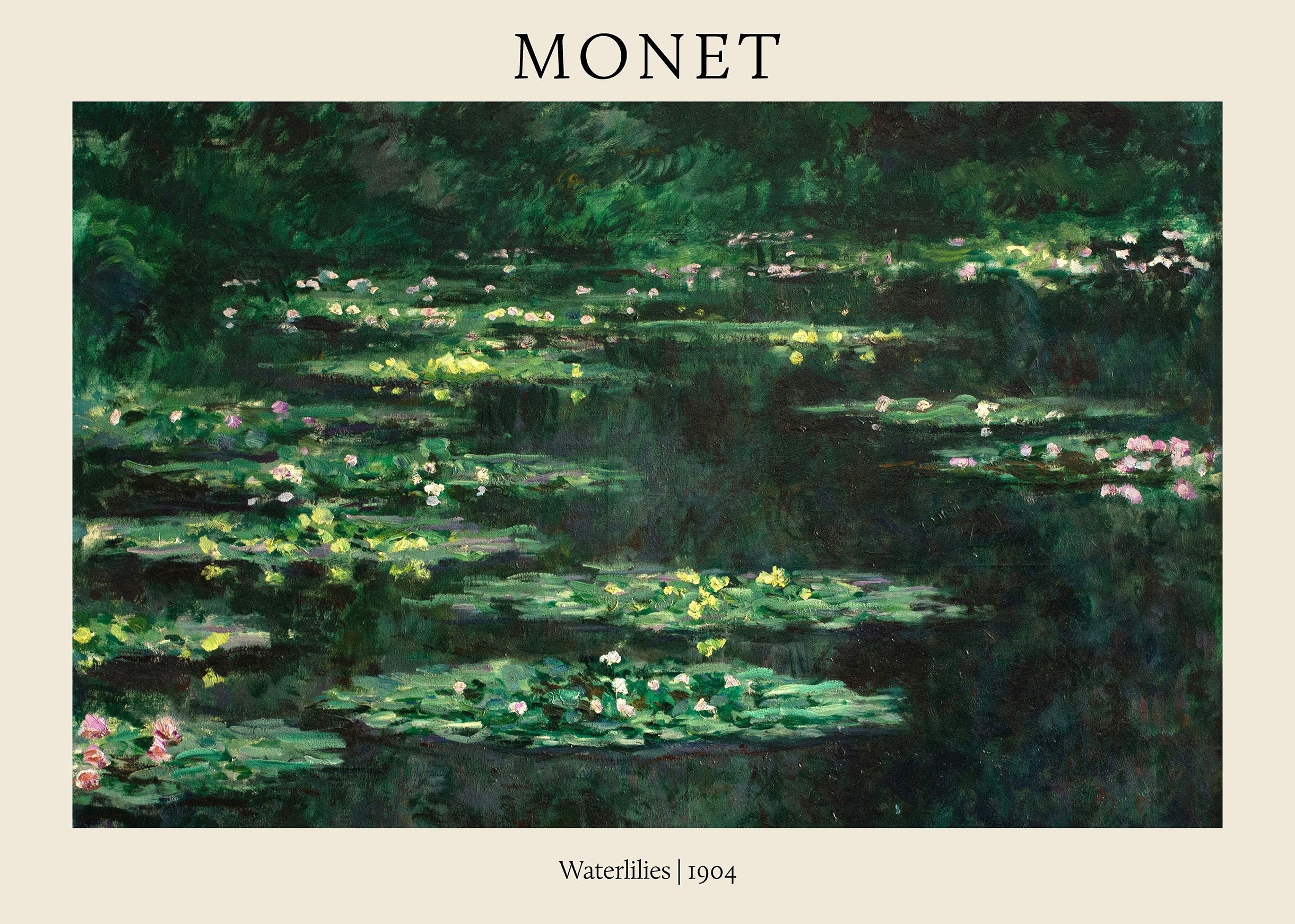 Claude Monet's Waterlilies painting from 1904, featuring dark greens and subtle pink, yellow, and white light reflections on the pond surface.