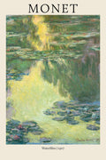 Impressionist painting by Claude Monet titled Waterlilies, 1907, featuring vibrant green and yellow reflections on a pond surface.