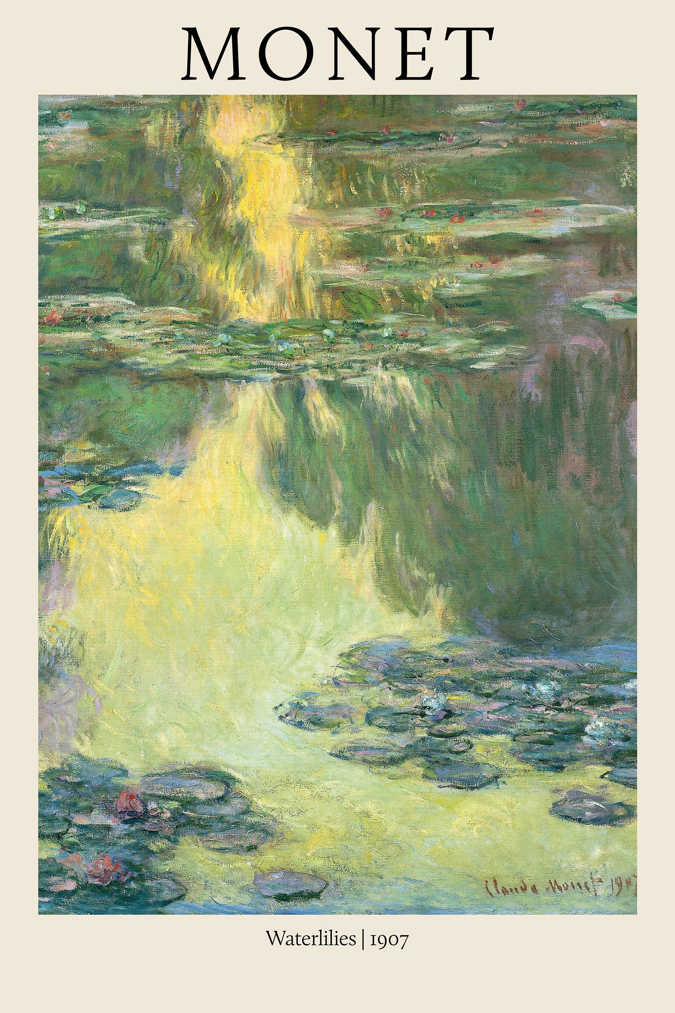 Impressionist painting by Claude Monet titled Waterlilies, 1907, featuring vibrant green and yellow reflections on a pond surface.