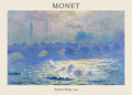 High-quality reproduction of Claude Monet's 1903 Waterloo Bridge painting, featuring blue fog, industrial chimneys, and sun reflecting on the Thames.