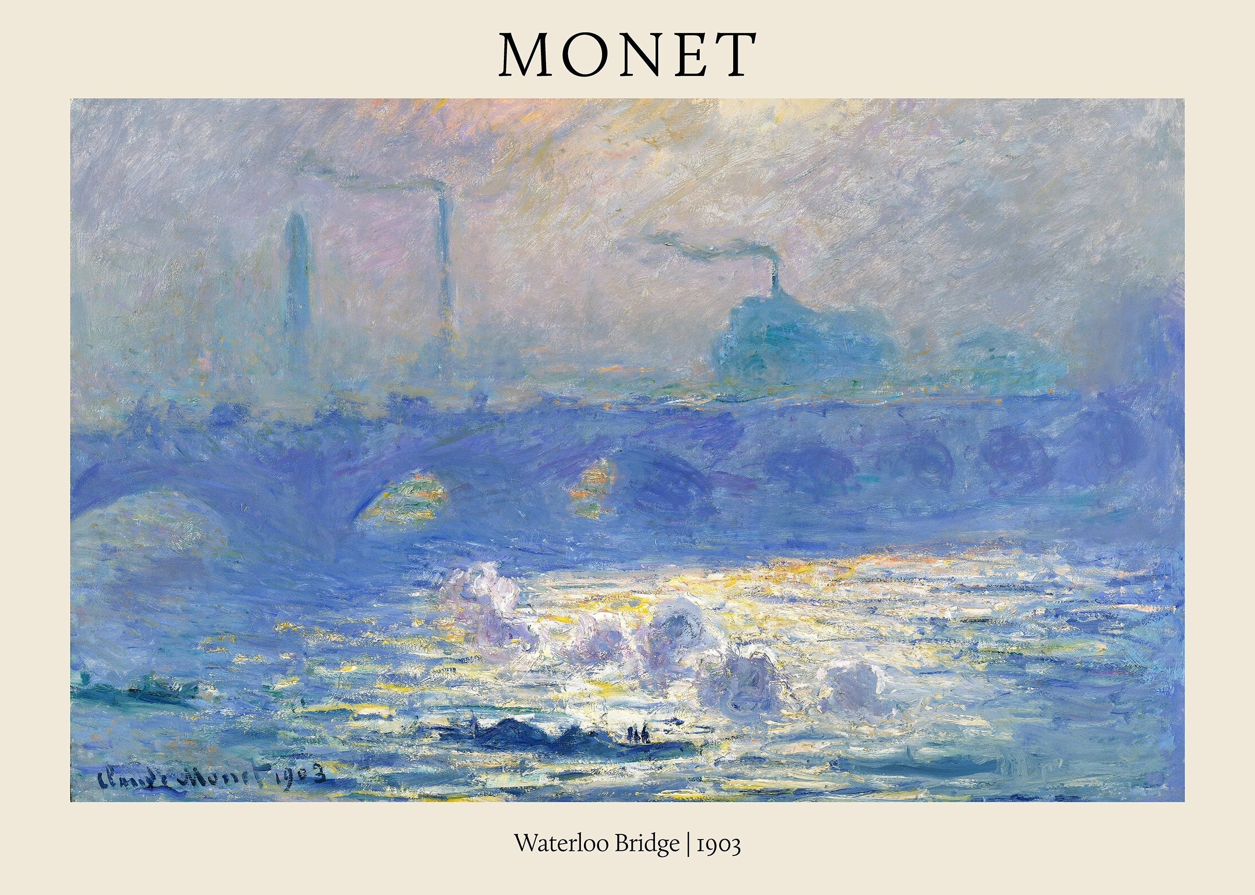 High-quality reproduction of Claude Monet's 1903 Waterloo Bridge painting, featuring blue fog, industrial chimneys, and sun reflecting on the Thames.