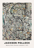 High-quality reproduction of Jackson Pollock's 1947 drip painting, featuring thick black swirls over multicolored, splattered layers of gray and white.