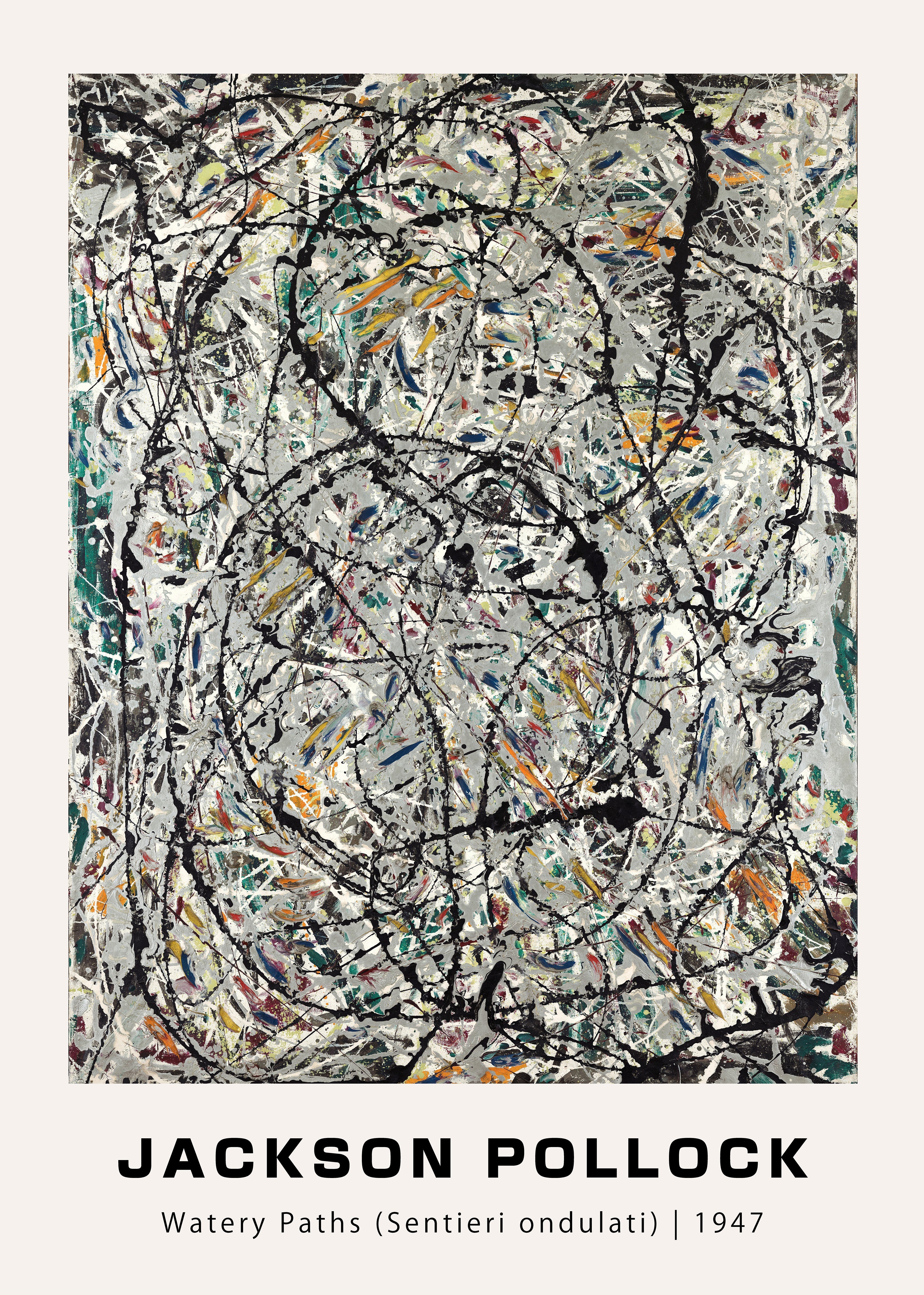 High-quality reproduction of Jackson Pollock's 1947 drip painting, featuring thick black swirls over multicolored, splattered layers of gray and white.