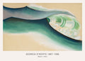 Abstract painting titled 'Wave' by Georgia O’Keeffe (1922) featuring sweeping lines of deep blue, teal, and light green surf against a neutral tan background.